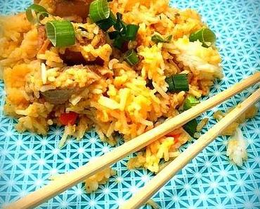 Nasi goreng à ma façon au filet mignon et aux saucisses