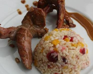 Aiguillettes de canard au sirop d'érable, risotto aux poivrons jaunes et canneberges