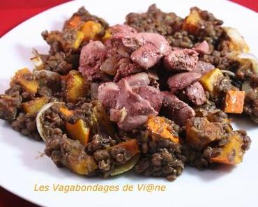 Salade tiède de lentilles et potimarron aux foies de volaille