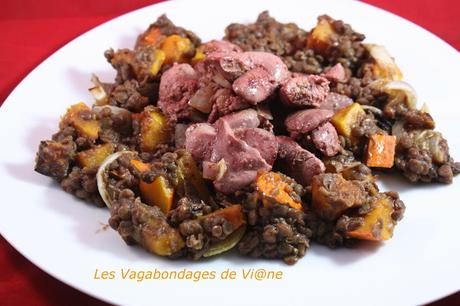 Salade tiède de lentilles et potimarron aux foies de volaille