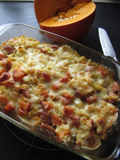 Gratin de pâtes au potimarron, saucisson et comté.