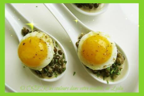 Bouchées de lentilles vertes à l’estragon et œufs de caille «miroir»