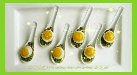 Bouchées de lentilles vertes à l’estragon et œufs de caille «miroir»