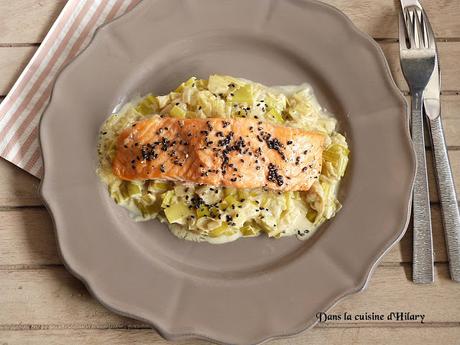 Fondue de poireau aux notes de curry et son saumon au sésame / Leek fondue with curry and its sesame salmon