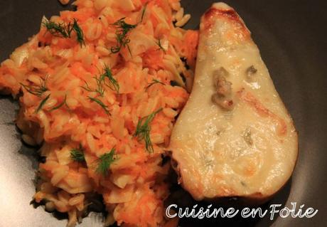 Salade de carottes et fenouils aux agrumes, poires rôties au Gorgonzola