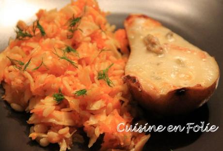 Salade de carottes et fenouils aux agrumes, poires rôties au Gorgonzola