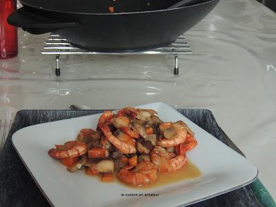 Mélange forestier et crevettes flambées au cognac