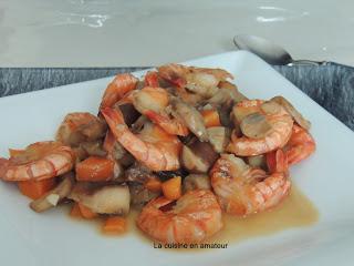 Mélange forestier et crevettes flambées au cognac