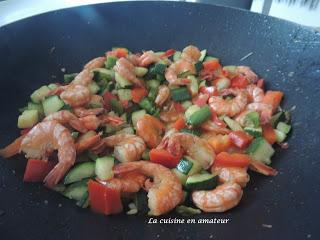 Crevettes flambées au Pastis et légumes croquants