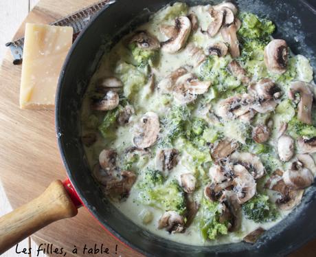 Poêlée de ravioles, brocoli et champignons