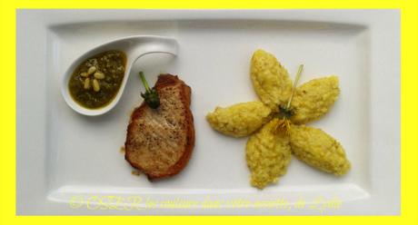 Porc au risotto de fleurs fraîches de pissenlit et au curry