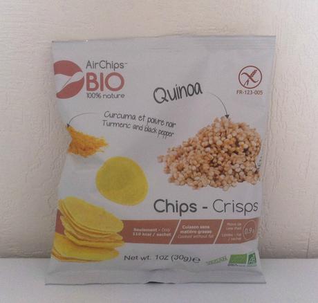 1 paquet de chip's quinoa ,curcuma et poivre noir Air chip's bio ,sans gluten ,sans lactose ,sans additif ,non frites ,convient aux végétariens et végétaliens.