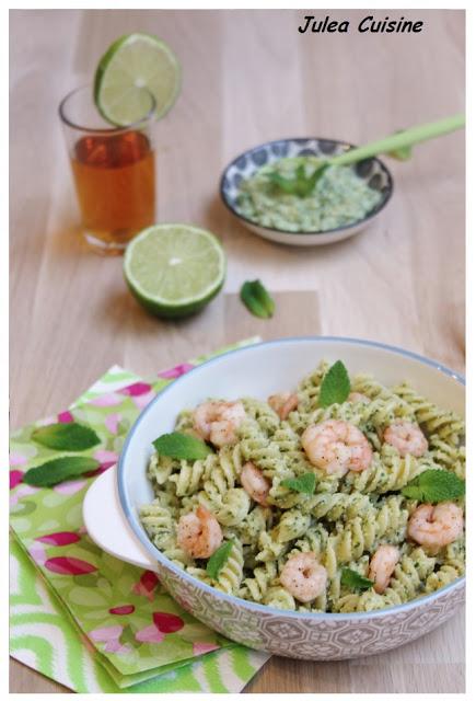 Foodista Challenge #30 - Fusili saveur Mojito : Pesto citron vert / menthe et crevettes flambées au Rhum
