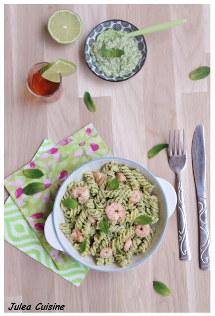 Foodista Challenge #30 - Fusili saveur Mojito : Pesto citron vert / menthe et crevettes flambées au Rhum