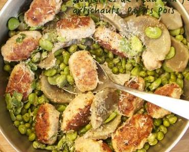 Boulettes de veau aux fèves, artichauts et petits pois