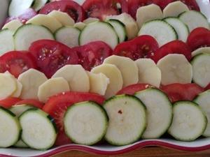 Gratin de courgettes , tomates et pommes de terre au poulet 