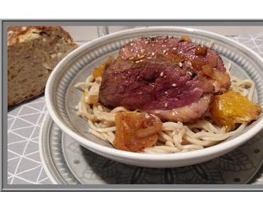 Magret de canard à l'orange et sauce soja sucrée