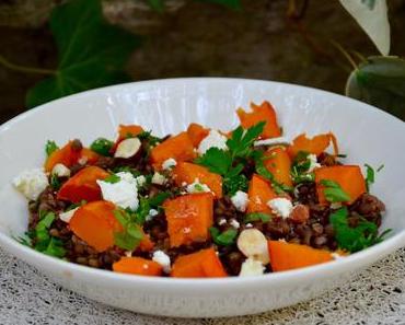 Salade de lentilles, potimarron rôti, noisettes grillées et feta