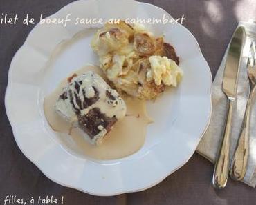 Filet de boeuf, sauce au camembert et gratin aux deux pommes