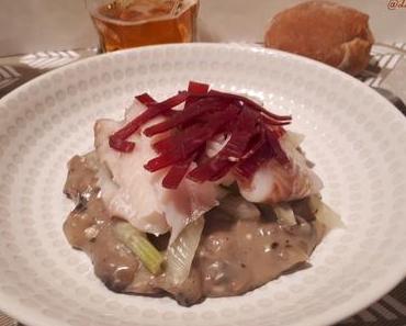 Fenouil à la crème de Champignons et Cidre accompagné d'un filet de Colin et son effiloché de Viande de Grison