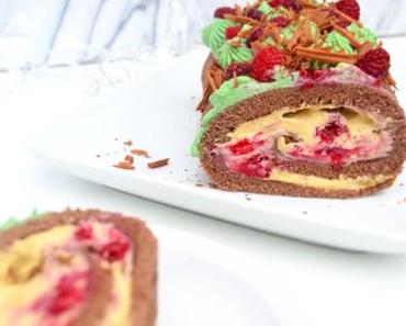 Bûche roulé chocolat, pistache et framboise