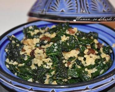 Poêlée de chou kalé, boulghour et raisins secs