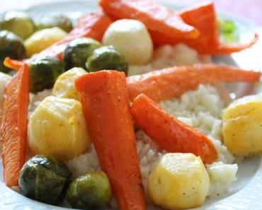 Purée de céleri-rave et légumes de saison rôtis