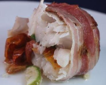 Cabillaud au lard, citron vert et tomates confites