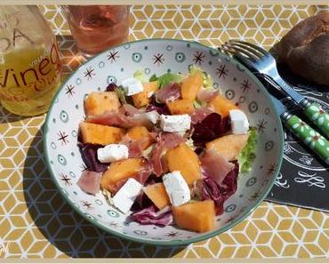 Salade, Feta, Jambon cru et Melon