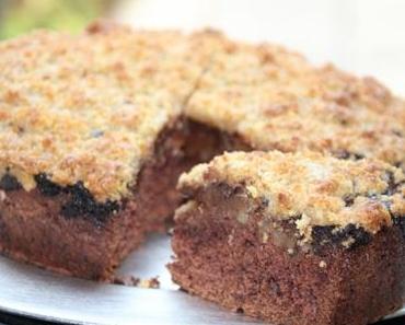 Gâteau tout choco, crumble aux noix et poires