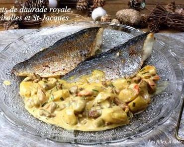 Filets de daurade royale aux girolles et noix de Saint-Jacques, sauce safranée