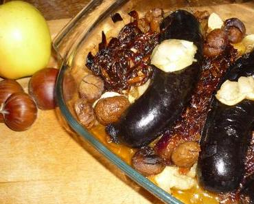 BOUDINS NOIRS AUX CHATAIGNES AU FOUR, CONFIT D'OIGNONS ROUGES, POMMES FONDANTES ET CHATAIGNES